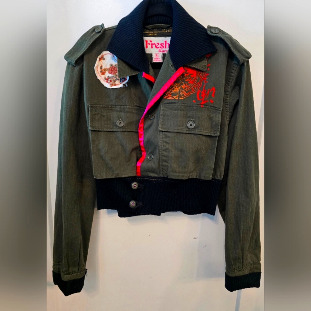 FRESH KARMA Cropped Army jacket Large Urban Streetwear Denim Vintage